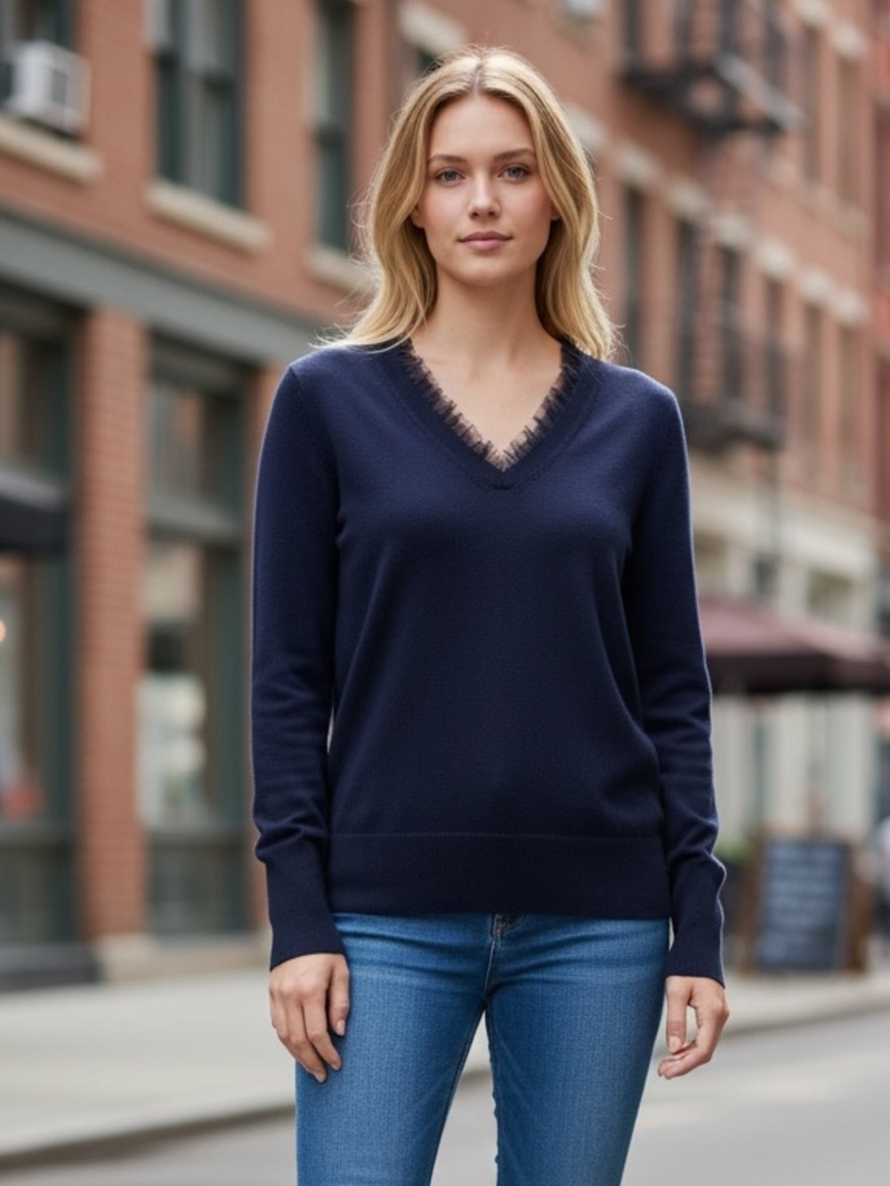 NWOT J.CREW Tulle Trim V-Neck Sweater 100% MARINOWOOL NAVY XXS